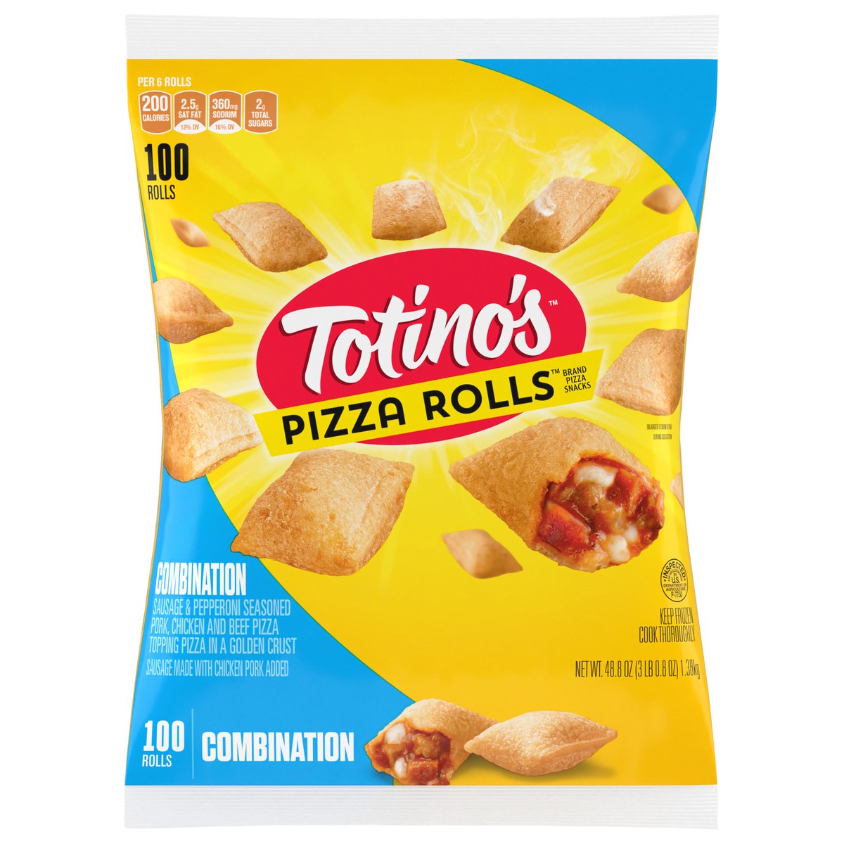 slide 1 of 11, Totino's Pizza Rolls, Combination Flavored, Frozen Snacks, 100 Rolls, 48.8 oz, 100 ct