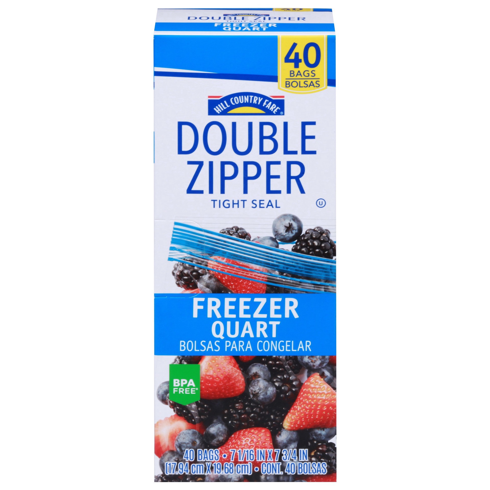 slide 1 of 1, Hill Country Fare Double Zipper Quart Freezer Bags, 40 ct