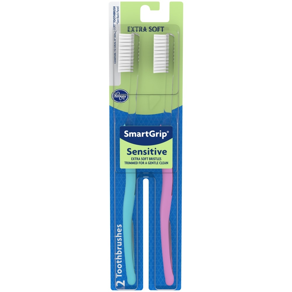 slide 1 of 1, Kroger Smartgrip Sensitive Extra Soft Toothbrushes, 2 ct
