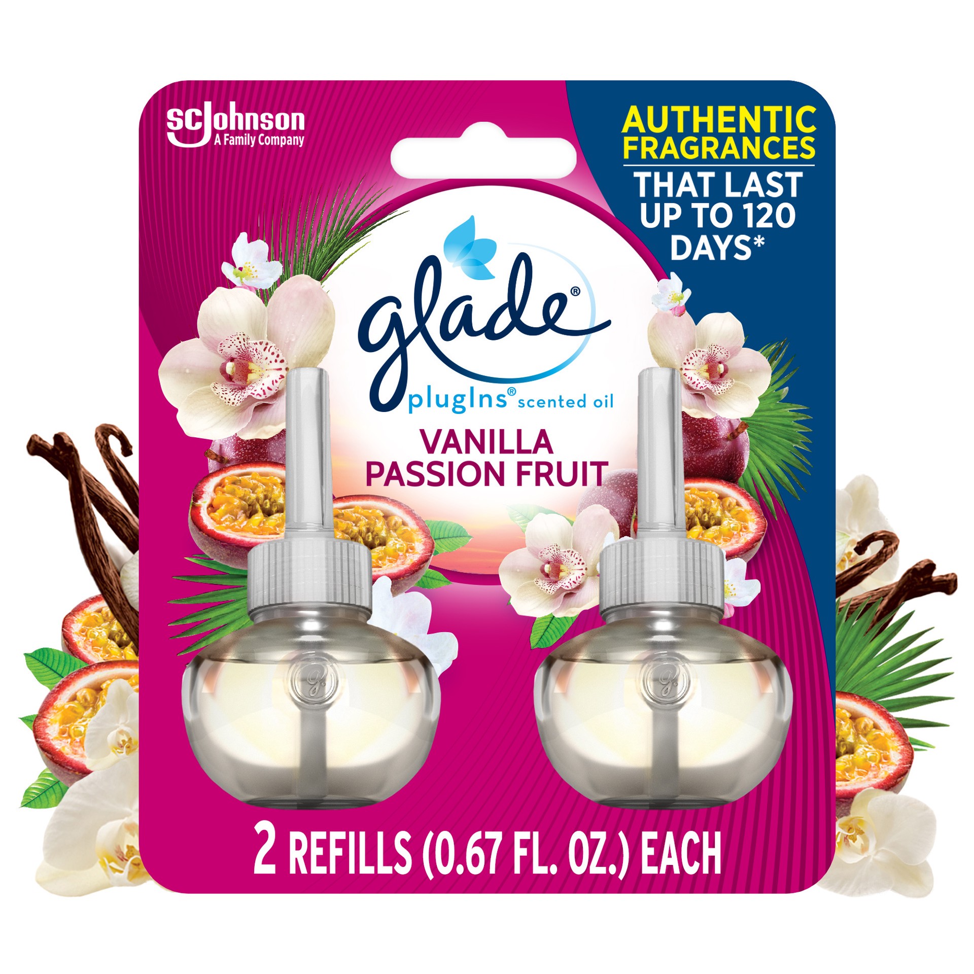slide 3 of 5, Glade PlugIns Vanilla Passion Fruit Scented Oil Refills 2 - 0.67 fl oz Bottles, 2 ct