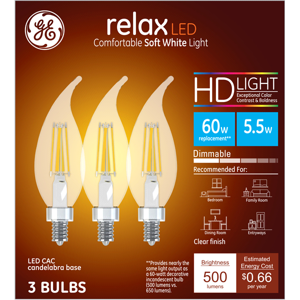 slide 1 of 1, Ge Relax Led Hd 60W Cac Deco Dim Clr Bent Tip, 3 ct