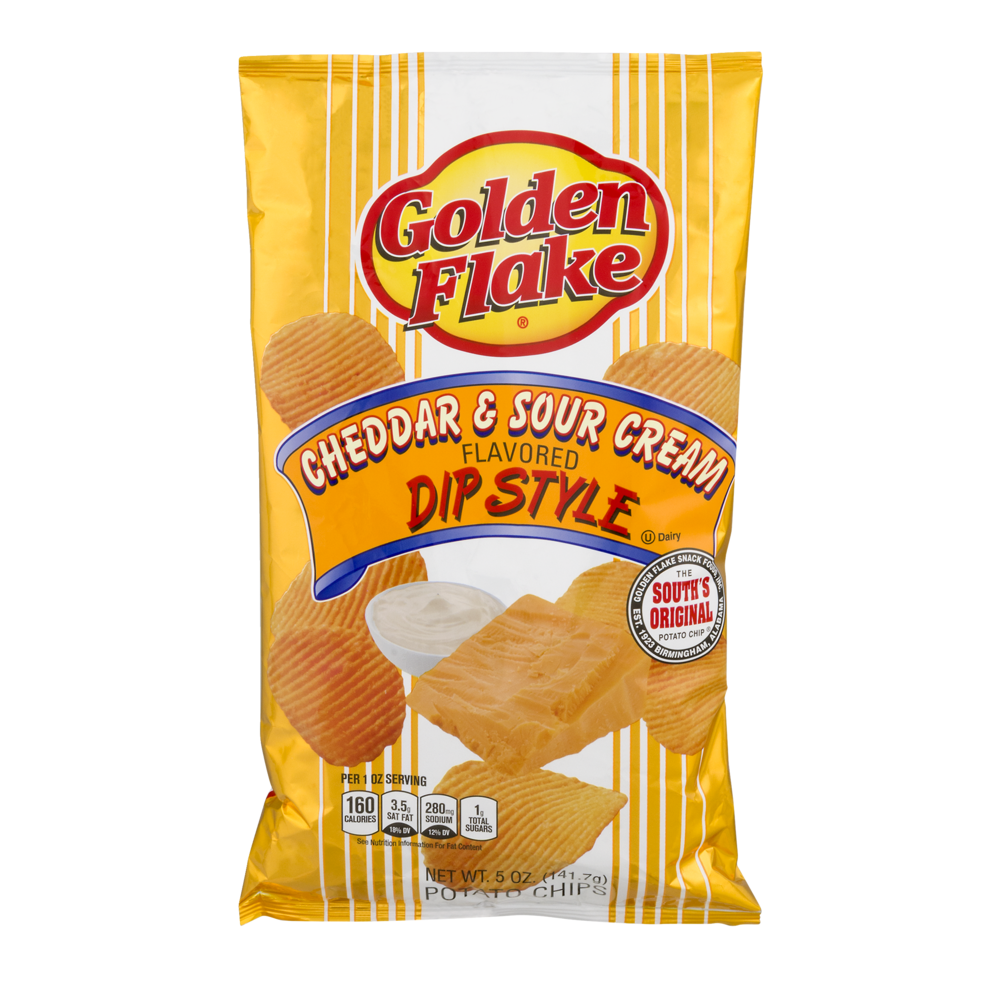 slide 1 of 5, Golden Flake Potato Chips Dip Style Cheddar Sour Cream Flavored, 5 oz