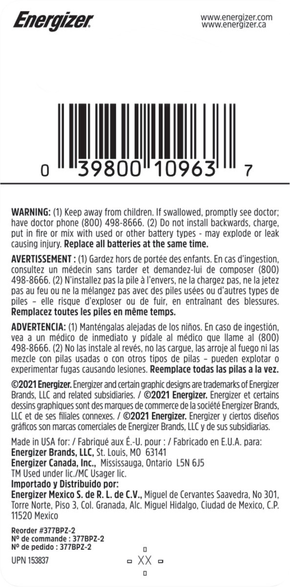 slide 2 of 3, Energizer 377 Batteries (2 Pack), 1.5V Silver Oxide Button Cell Batteries, 2 ct