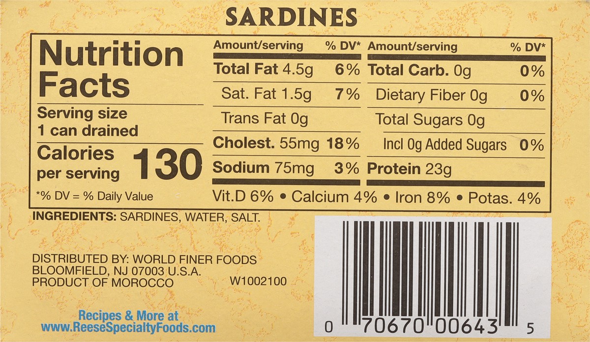 slide 11 of 11, Reese Skinless & Boneless Low Sodium Sardines 4.375 oz, 4.38 oz