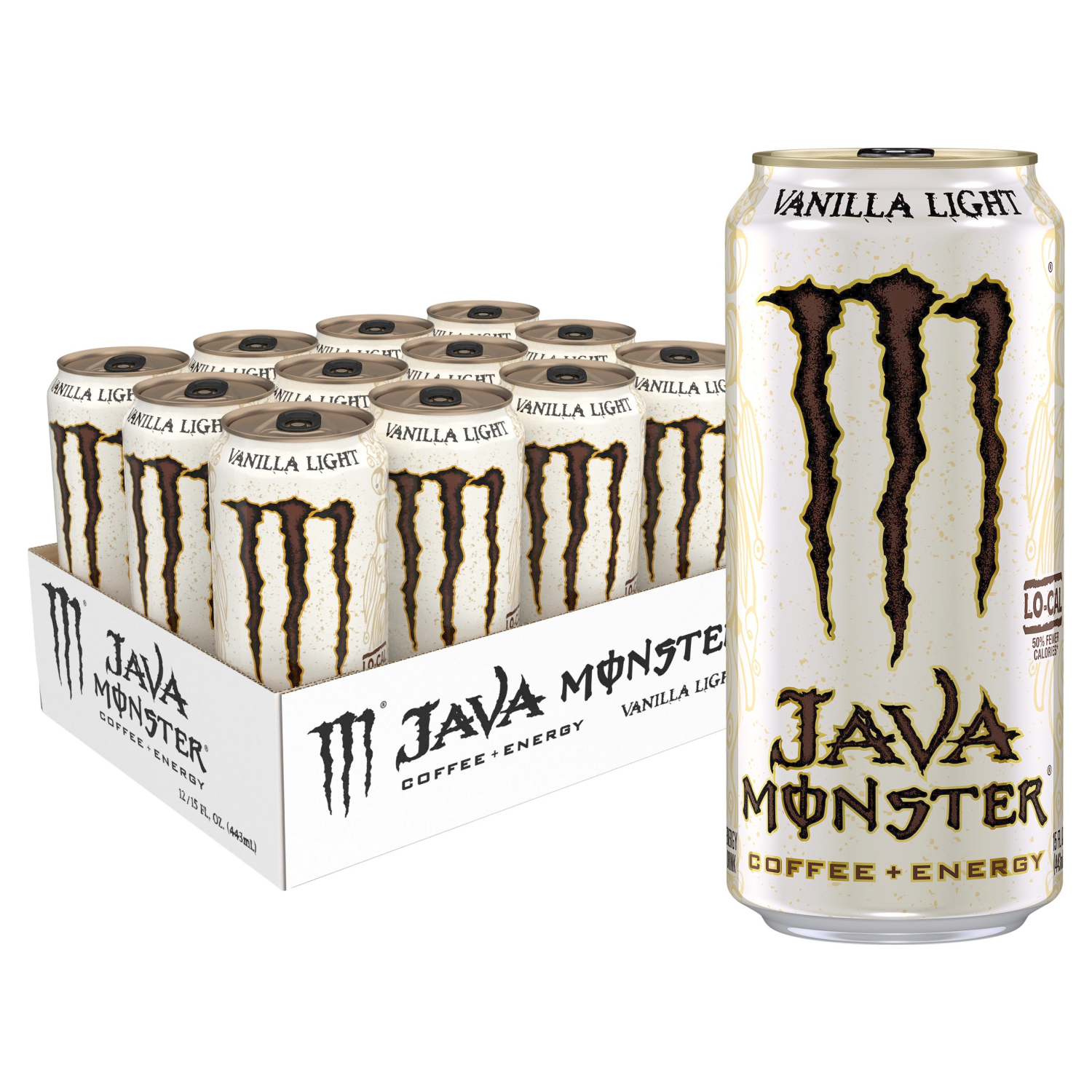 slide 1 of 5, Monster Energy How low can you go? Ounce for ounce Java Monster already has way less fat and calories than “Mega Bucks” bottled coffee. So why make Vanilla Light? Because our fearless leader is a health fanatic who counts calories like they're $100 dollar bills. Art vs. Science - Seriously, making a low calorie coffee + energy drink that tastes good and works, ain't that easy. Java Monster Vanilla Light sets a new standard for taste and effectiveness. Java Monster… premium coffee and cream brewed up with killer flavor, supercharged with Monster energy blend., 15 oz