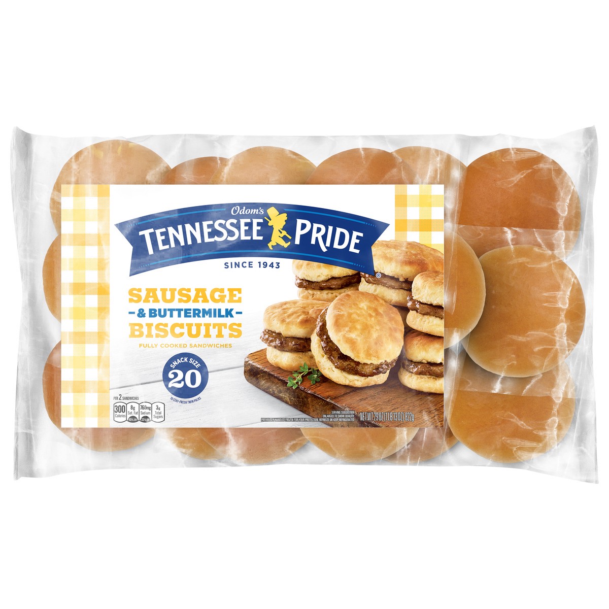 slide 1 of 3, Odom's Tennessee Pride Sausage & Buttermilk Biscuits, Snack Size Frozen Breakfast Sandwiches, 20 Count, 20 ct; 29 oz