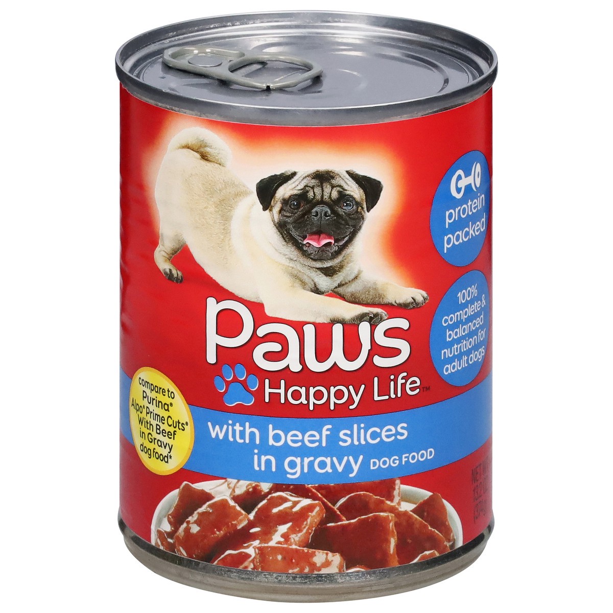 slide 1 of 11, Paws Happy Life Dog Food with Beef Slices in Gravy 13.2 oz, 13.2 oz