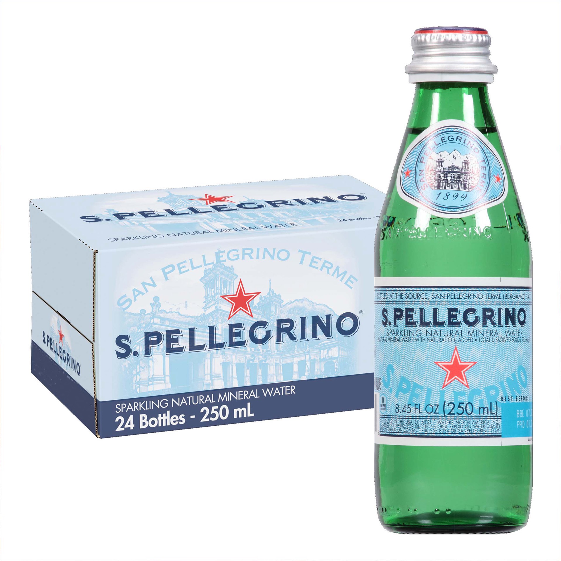 slide 1 of 6, S.Pellegrino Sparkling Natural Mineral Water, 24 Pack of Glass Bottles, 202.8 oz