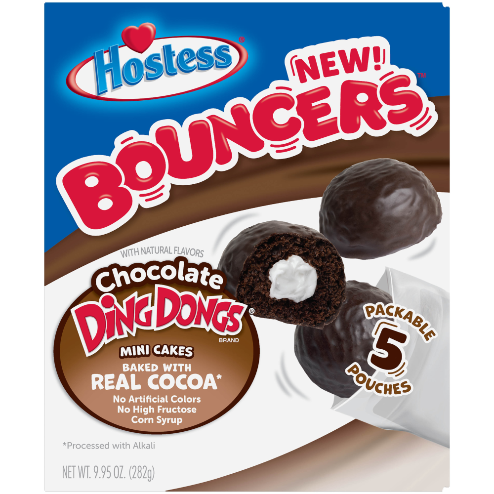 slide 1 of 9, HOSTESS BOUNCERS Glazed Chocolate DING DONGS, Packable Pouches, Perfect for Lunchboxes – 5 Pouches , 8.2 oz, 5 ct