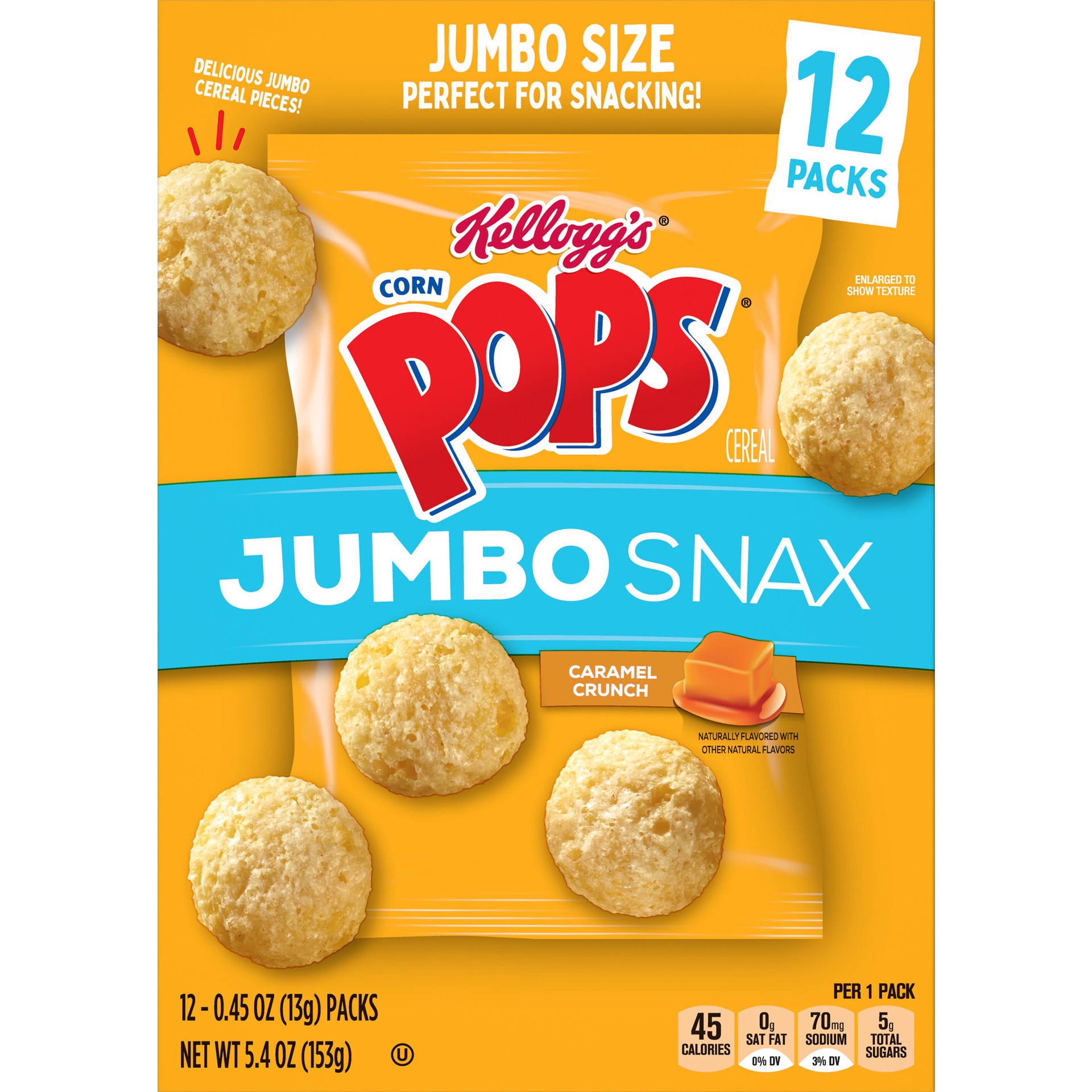 slide 4 of 5, Corn Pops Kellogg's Corn Pops Jumbo Snax, Cereal, Caramel Crunch, Perfect for Anytime Snacking, 5.4oz Box, 12 Count, 5.4 oz