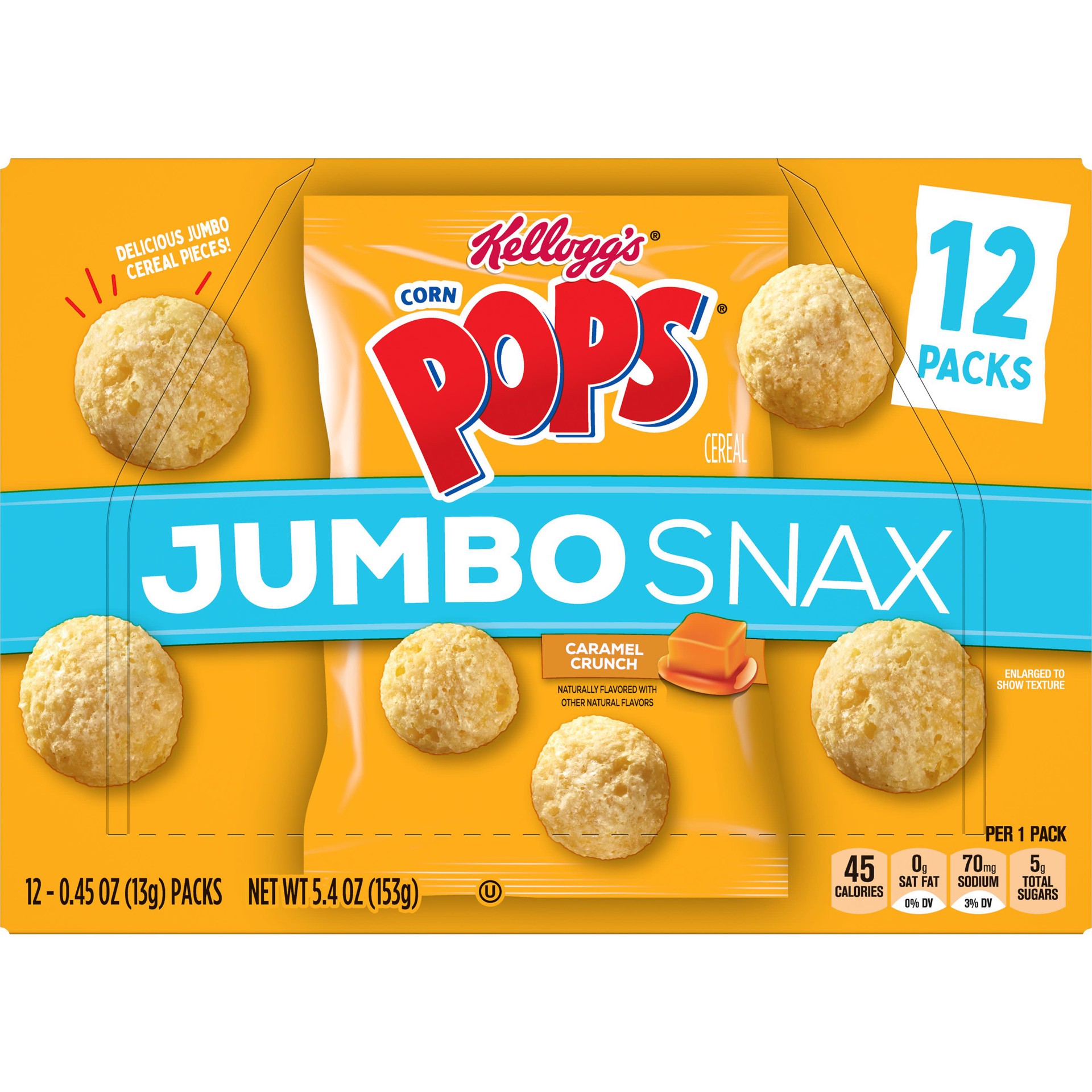 slide 2 of 5, Corn Pops Kellogg's Corn Pops Jumbo Snax, Cereal, Caramel Crunch, Perfect for Anytime Snacking, 5.4oz Box, 12 Count, 5.4 oz