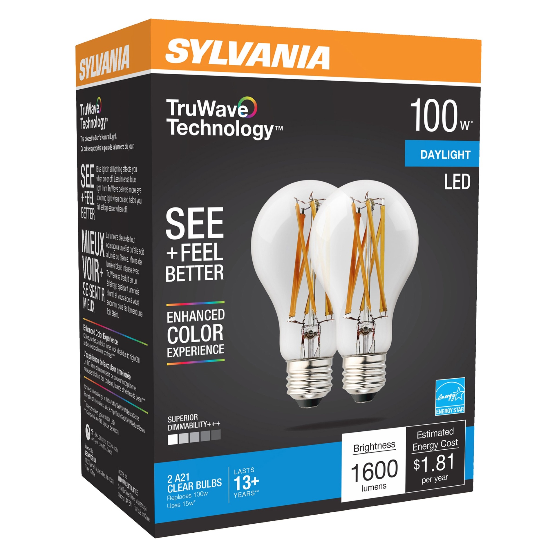 slide 1 of 1, Sylvania TruWave A21 100-Watt Daylight LED Light Bulbs, 2 ct