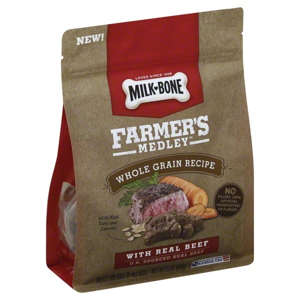 slide 1 of 1, Milk-Bone Farmer's Medley Whole Grain Dog Treats with Real Beef, 12 oz