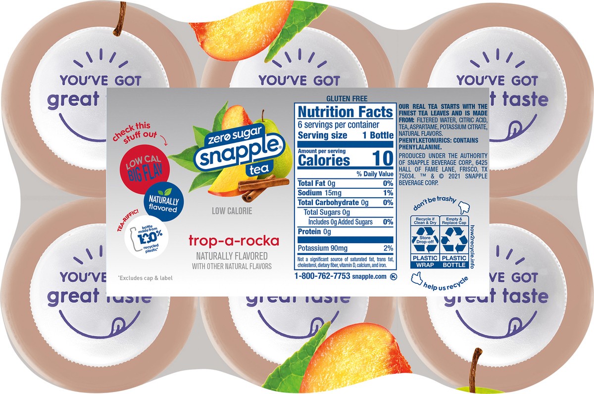 slide 4 of 7, Snapple Zero Sugar Trop-Rocka Tea, 16 fl oz recycled plastic bottle, 6 pack - 6 ct, 6 ct; 16 oz