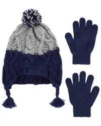 Carter's Kid 2-Pack Pom Hat & Gloves Set Navy/Grey 8-14