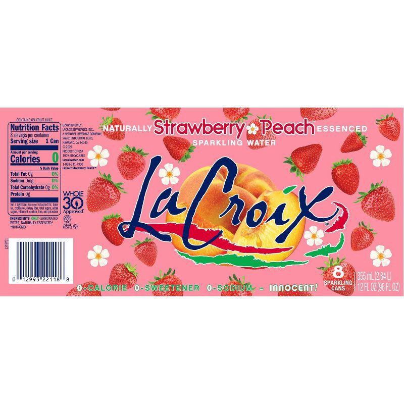 slide 2 of 2, LaCroix Strawberry Peach Sparkling Water - 8pk/12 fl oz Cans, 8 ct; 12 oz
