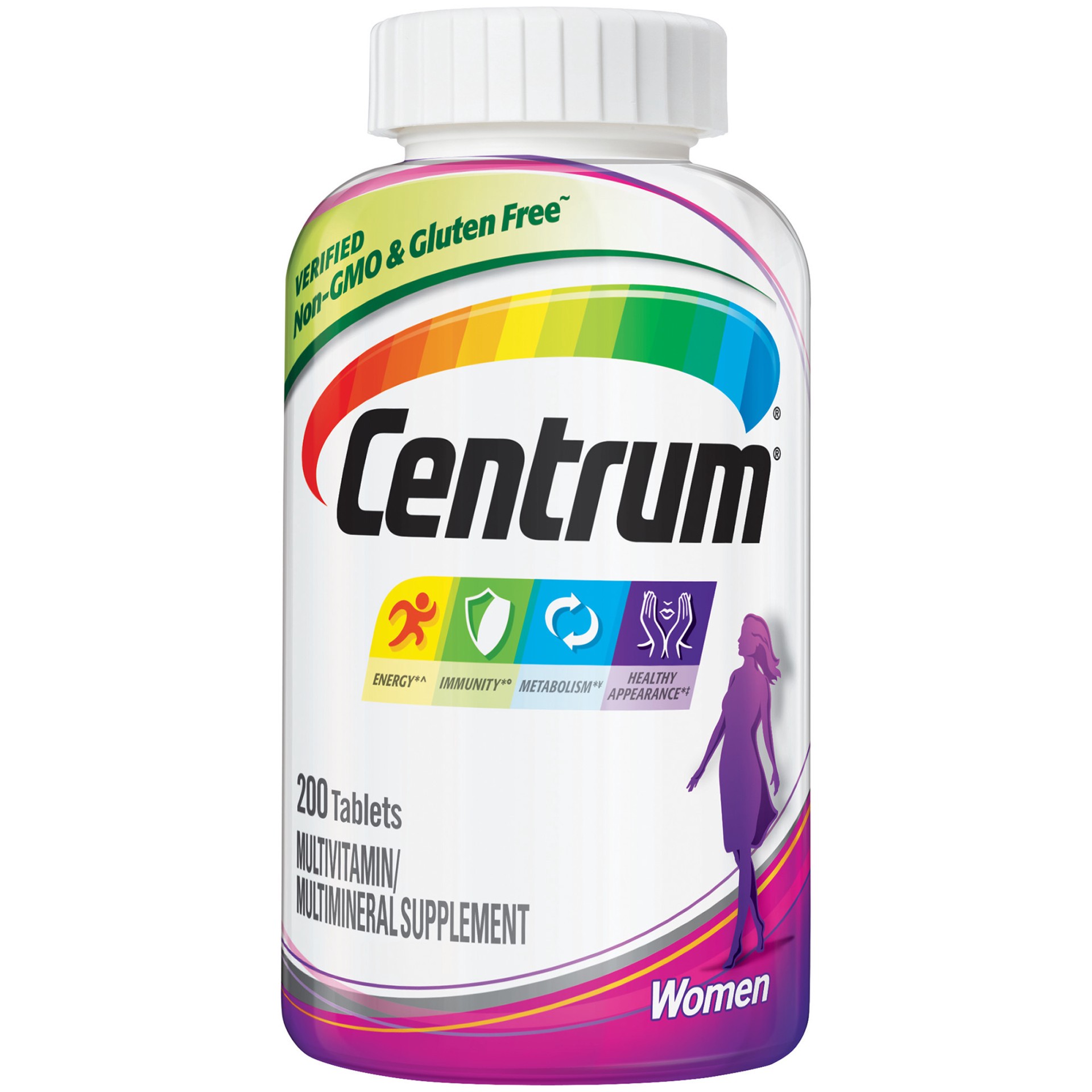 slide 1 of 1, Centrum Multivitamin for Women, Multivitamin/Multimineral Supplement with Iron, Vitamin D3, B Vitamins and Antioxidant Vitamins C and E, Gluten Free, Non-GMO Ingredients - 200 Count, 200 ct