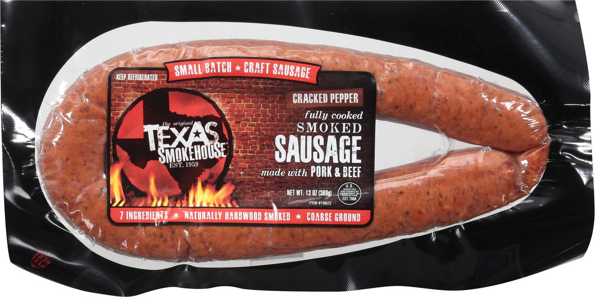 slide 7 of 11, Texas Smokehouse Cracked Pepper Smoked Sausage with Pork & Beef 13 oz, 13 oz