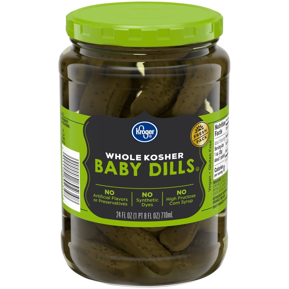 slide 1 of 1, Kroger Whole Kosher Baby Dill Pickles, 24 fl oz