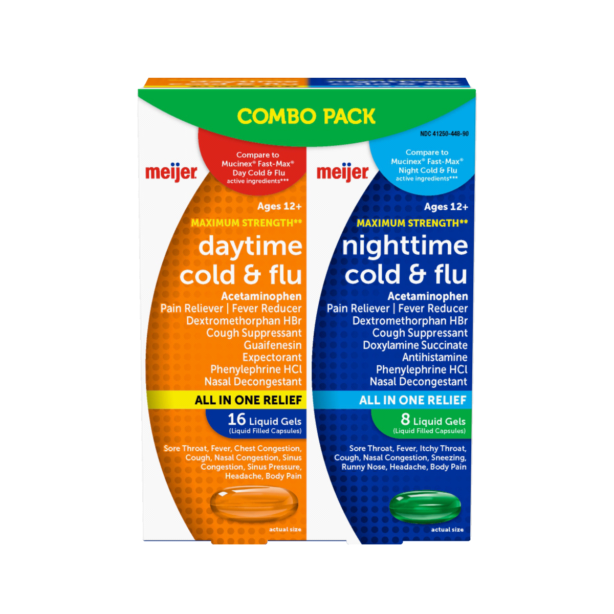 slide 1 of 4, Meijer Mucus Relief Day Severe Night Cold Combo Pack, Liquid Gels, 24 ct