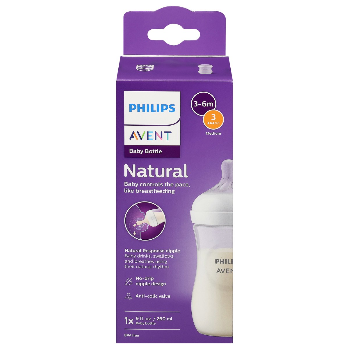 slide 2 of 4, Philips Avent 9 Fl Oz 3-6 Months Natural Medium Baby Bottle 1 Each, 1 ct
