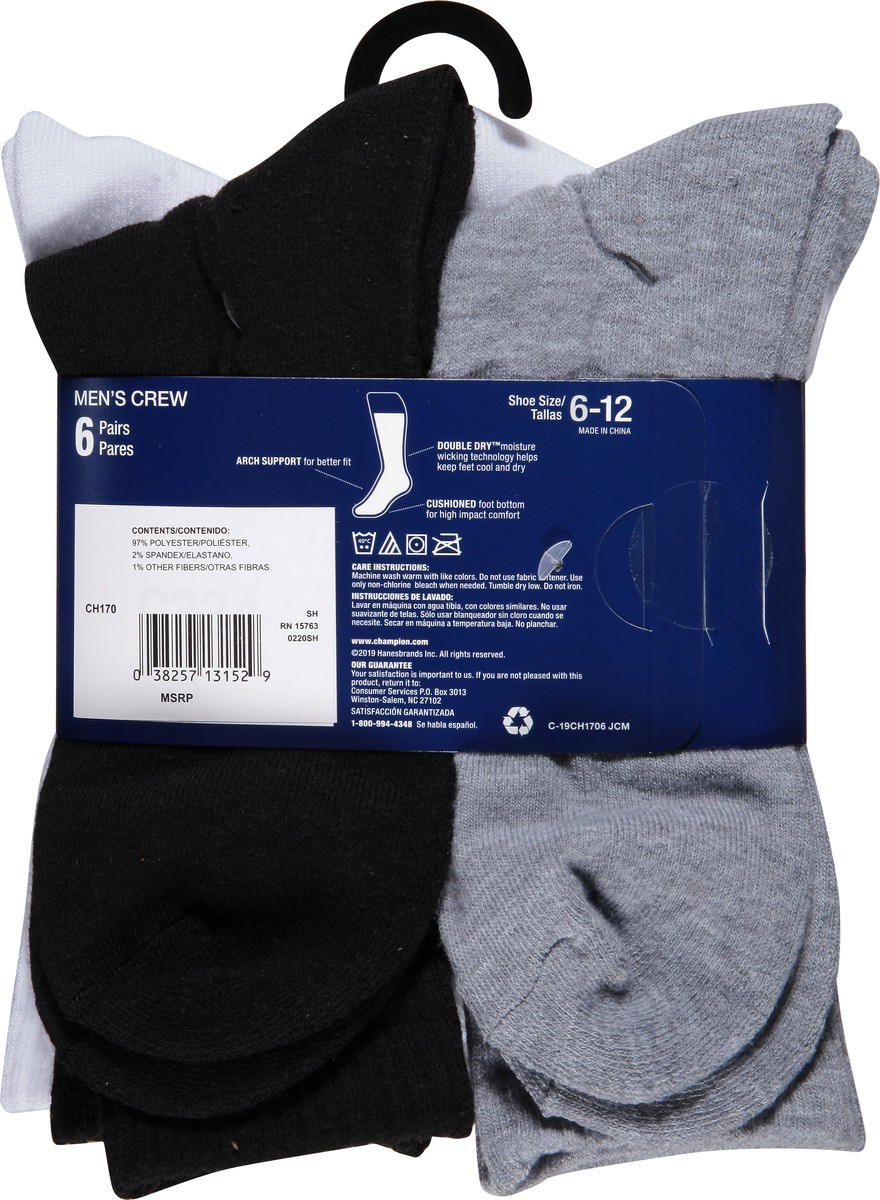 slide 9 of 9, Champion Shoe Size 6-12 Men's Crew Socks 6 ea, 6 ct