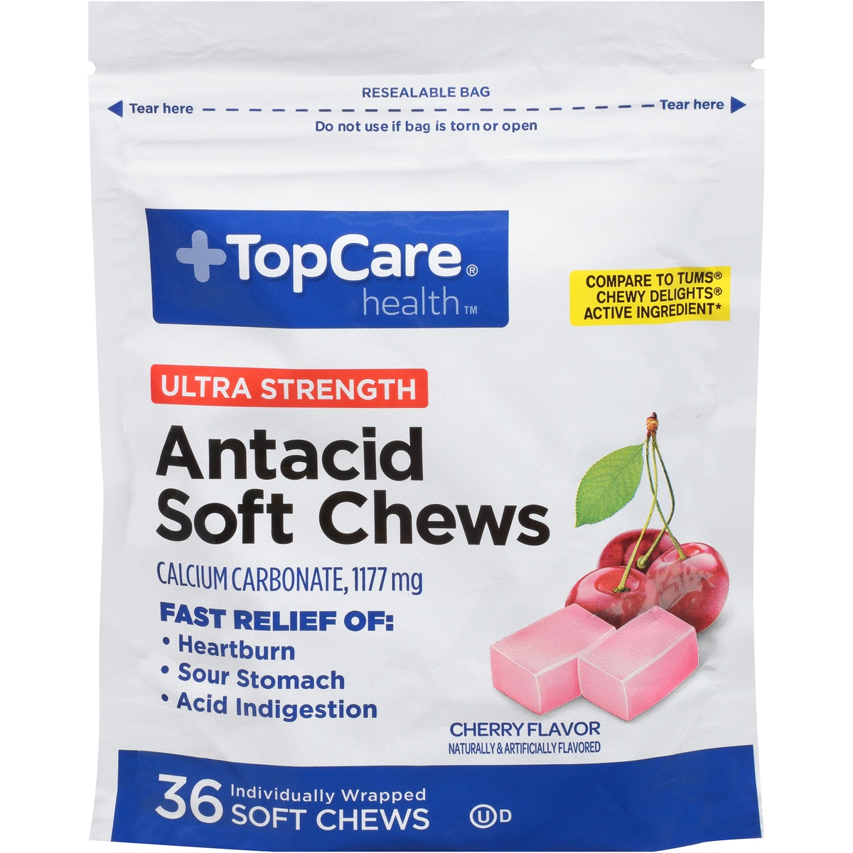 slide 1 of 1, TopCare Ultra Strength Antacid Calcium Carbonate Fast-acting Relief Soft Chews, Cherry, 36 ct