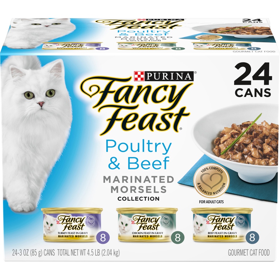 slide 1 of 9, Fancy Feast Poultry & Beef Marinated Morsels Collection Cat Food, 24 ct; 3 oz