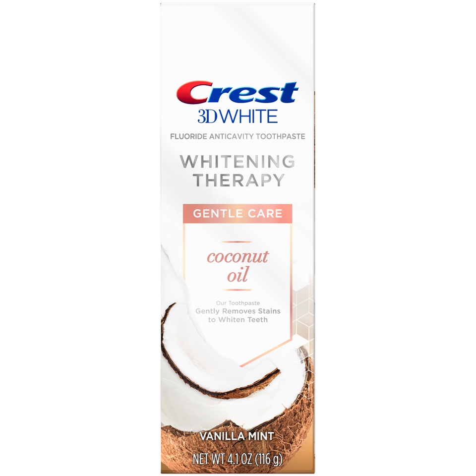 slide 1 of 6, Crest 3D White Whitening Therapy Gentle Care Coconut Oil Fluoride Toothpaste, Vanilla Mint, 4.1 oz