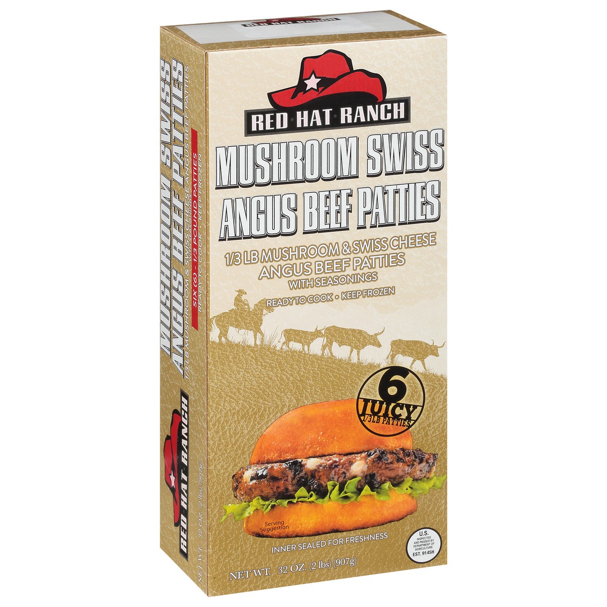 slide 6 of 9, Red Hat Ranch Mushroom Swiss Angus Beef Patties 6 ea Box, 6 ct