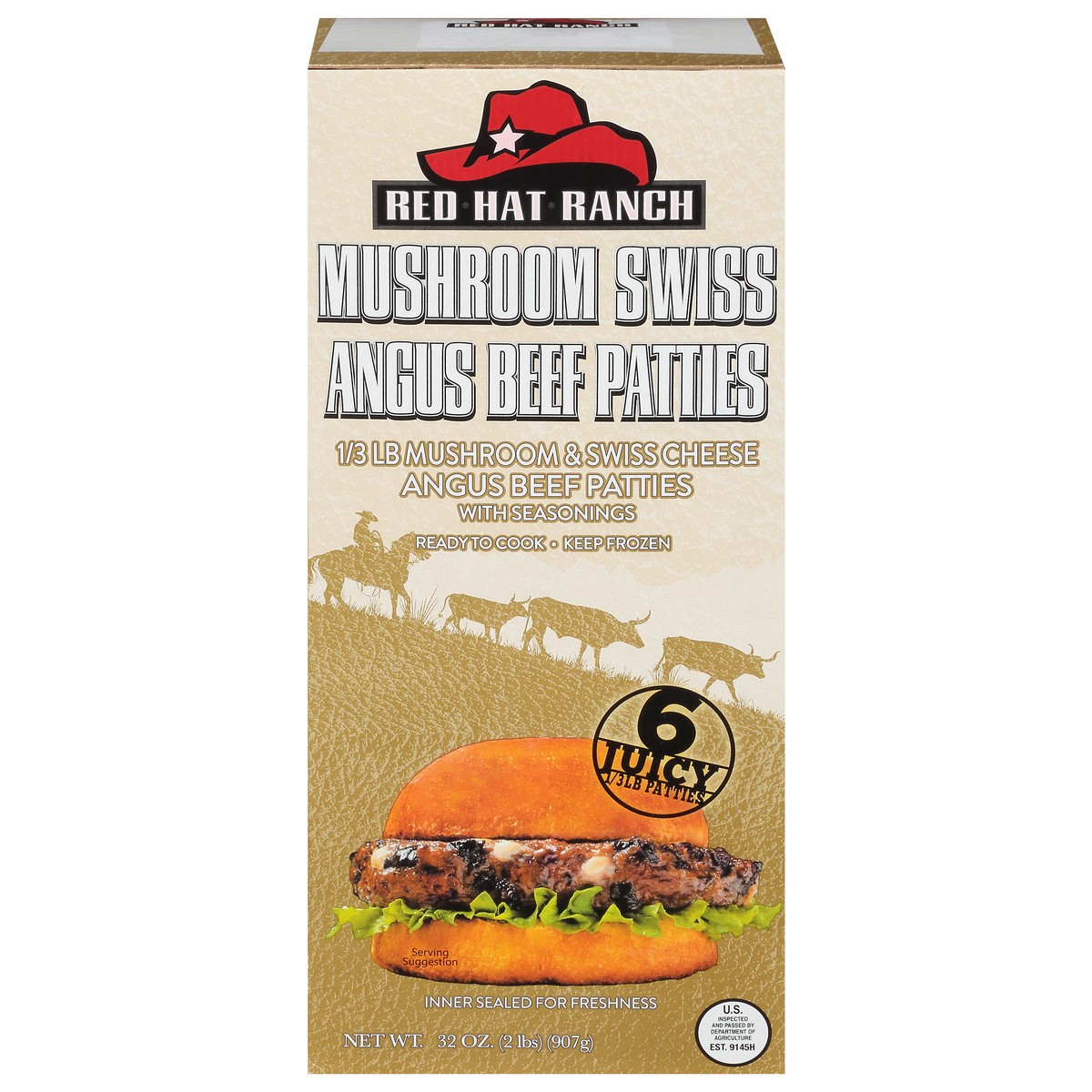 slide 1 of 9, Red Hat Ranch Mushroom Swiss Angus Beef Patties 6 ea Box, 6 ct