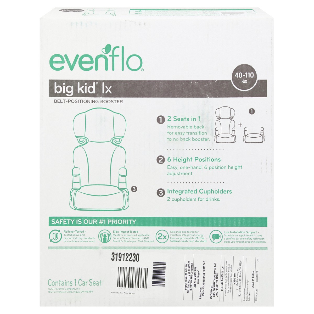 slide 1 of 9, Evenflo Big Kid lx 40-110 Lbs Belt Positioning Booster Car Seat 1 ea, 1 ea