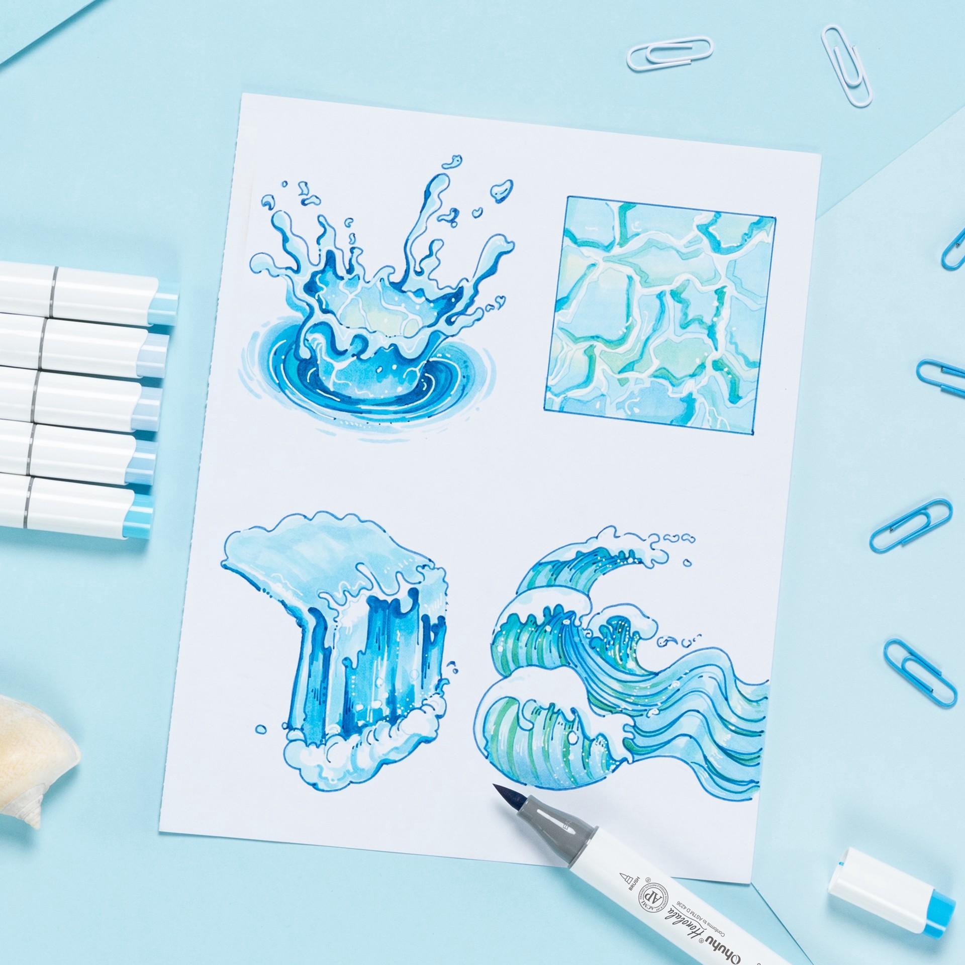 slide 4 of 5, Ohuhu Honolulu Brush & Chisel Dual Tip Blue Tones Marker Set, 1 ct