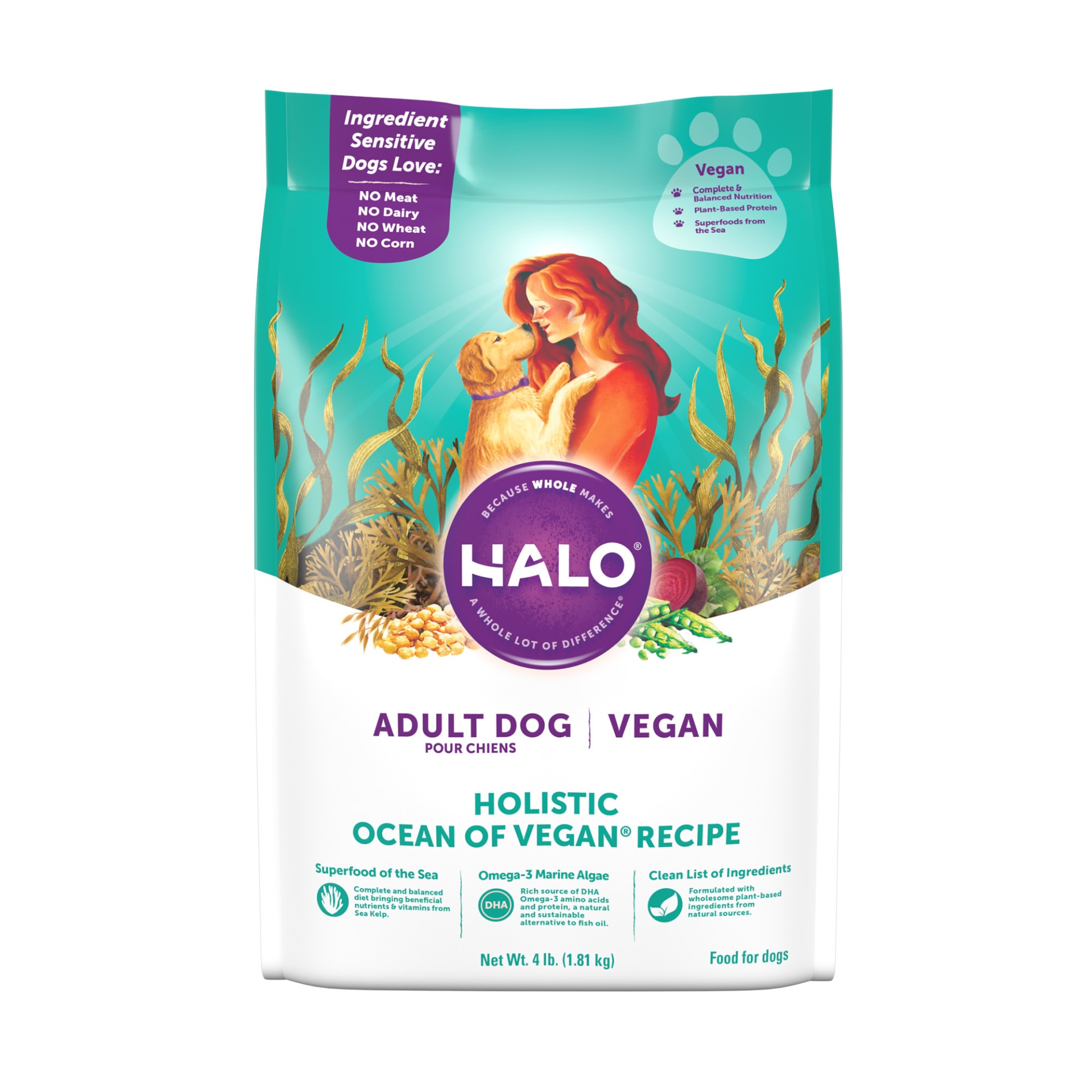 slide 1 of 1, Halo Holistic Ocean of Vegan Recipe Adult Dry Dog Food, 4 lb