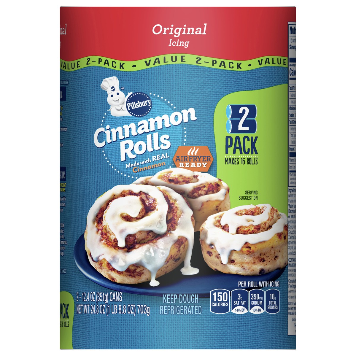 slide 1 of 25, Pillsbury Cinnamon Rolls with Original Icing, Refrigerated Canned Pastry Dough, Value 2-Pack, 16 Rolls, 24.8 oz, 2 ct