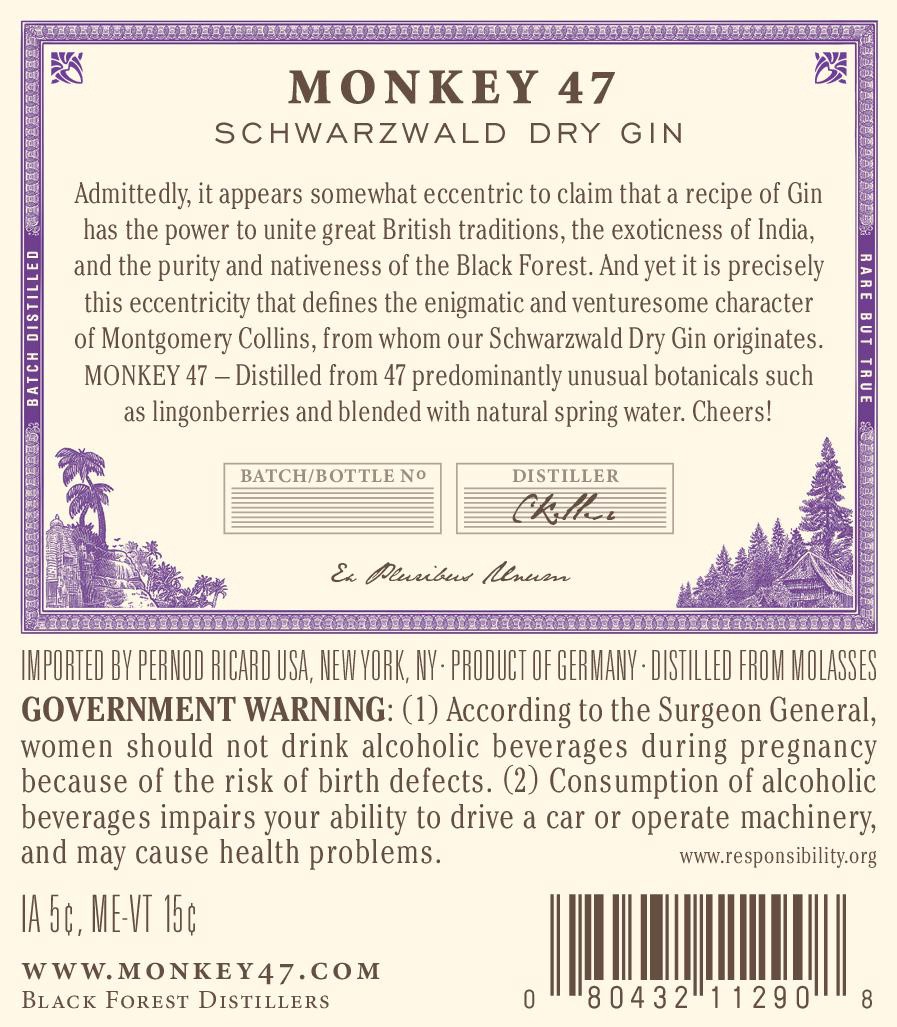 slide 8 of 9, Monkey 47 Gin Monkey 47 Schwarzwald Dry Gin 375mL with 2 Cups, 94 Proof, 375 ml