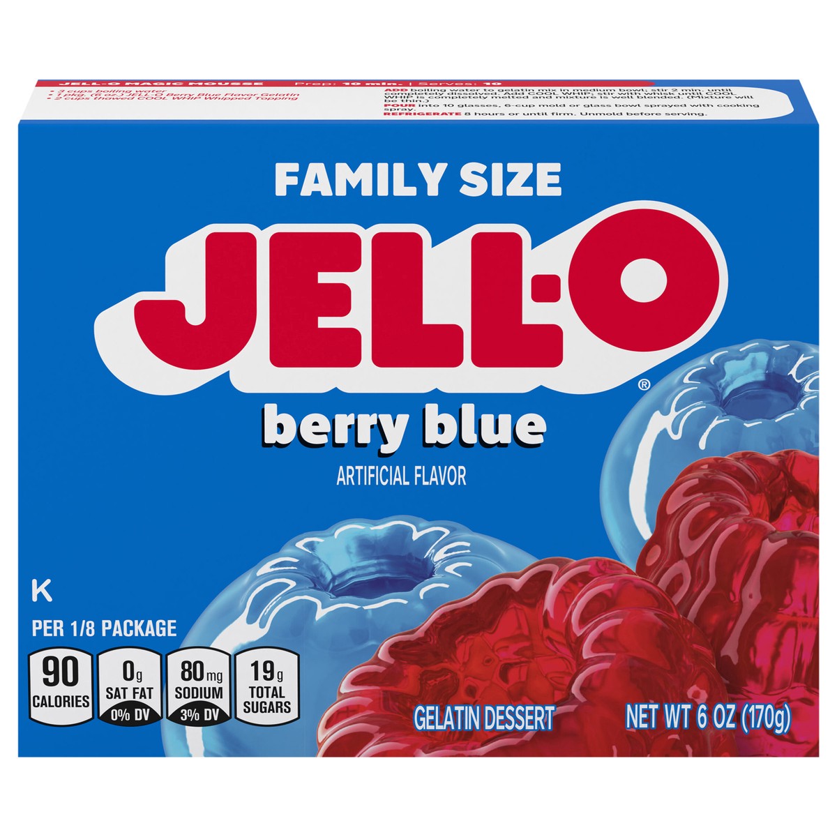 slide 1 of 5, Jell-O Berry Blue Artificially Flavored Gelatin Dessert Mix, Family Size, 6 oz Box, 6 oz