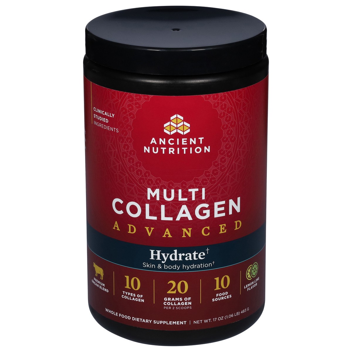 slide 13 of 13, Ancient Nutrition Advanced Hydrate Lemon Lime Flavor Multi Collagen 17 oz, 17 oz