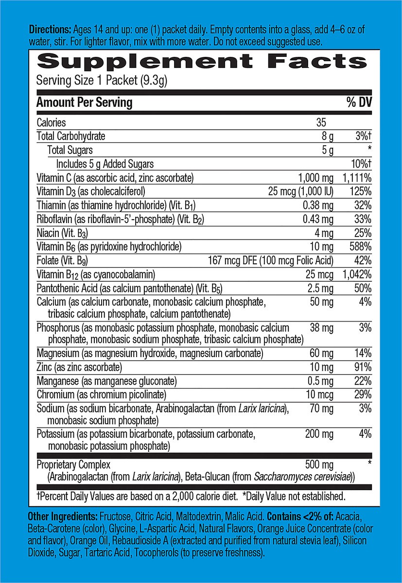 slide 3 of 7, Emergen-C Immune Plus 1000 mg Super Orange Vitamin C + Vitamin D & Zinc 10 ea, 10 ct; 0.33 oz