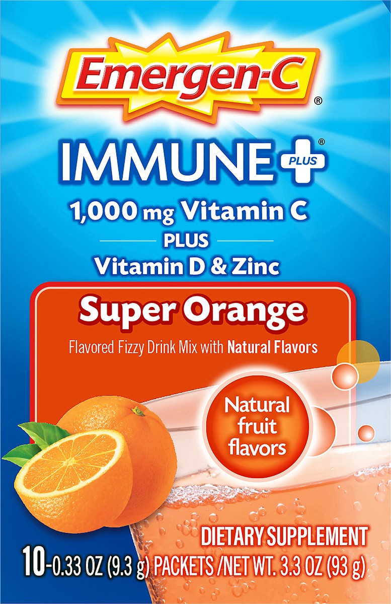 slide 4 of 7, Emergen-C Immune Plus 1000 mg Super Orange Vitamin C + Vitamin D & Zinc 10 ea, 10 ct; 0.33 oz