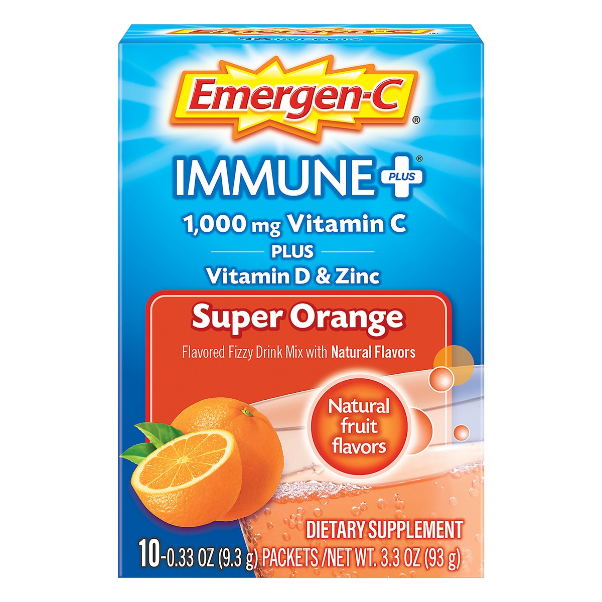 slide 1 of 7, Emergen-C Immune Plus 1000 mg Super Orange Vitamin C + Vitamin D & Zinc 10 ea, 10 ct; 0.33 oz