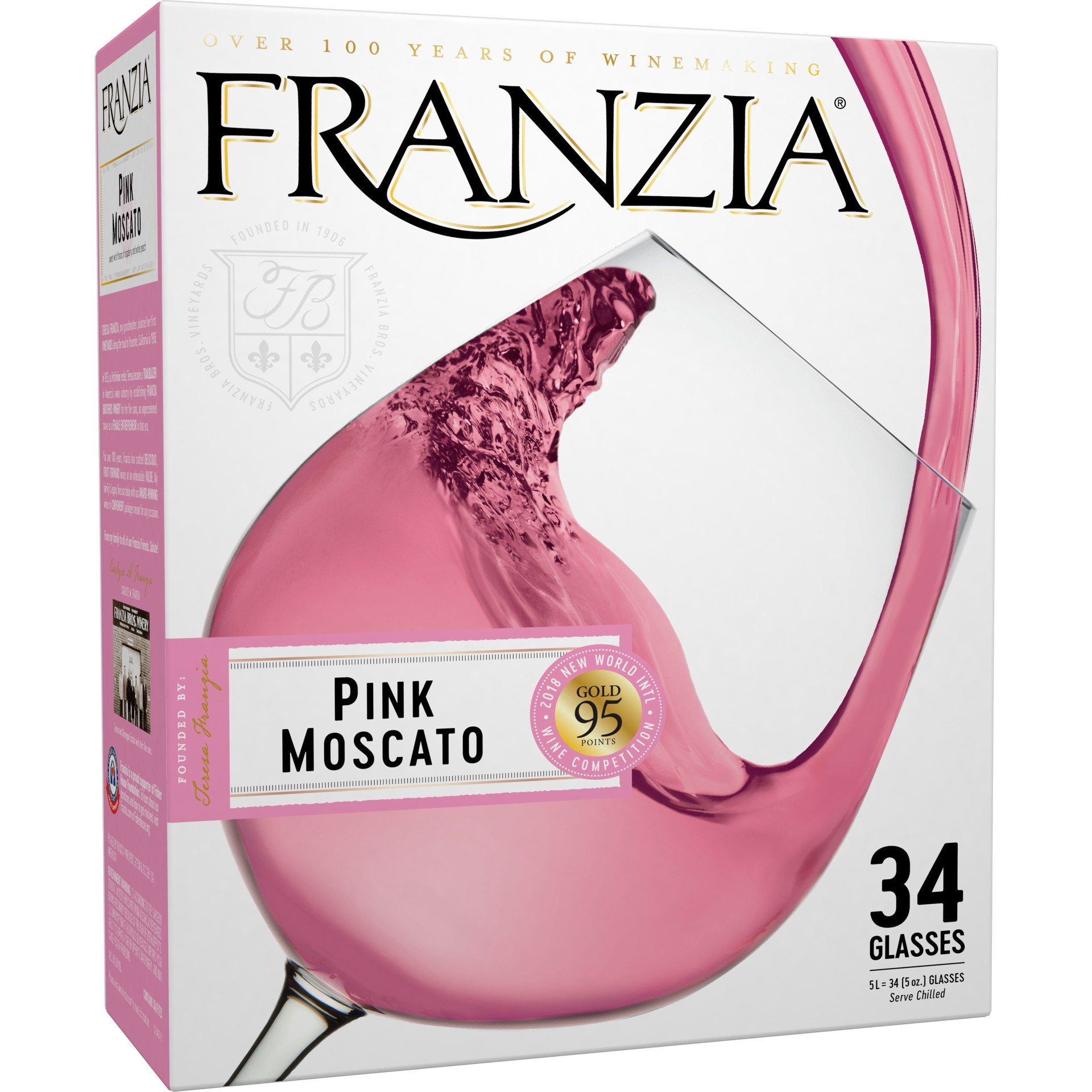 slide 1 of 4, Franzia Pink Moscato Vintner Select Moscato Rose Wine International, 5 liter