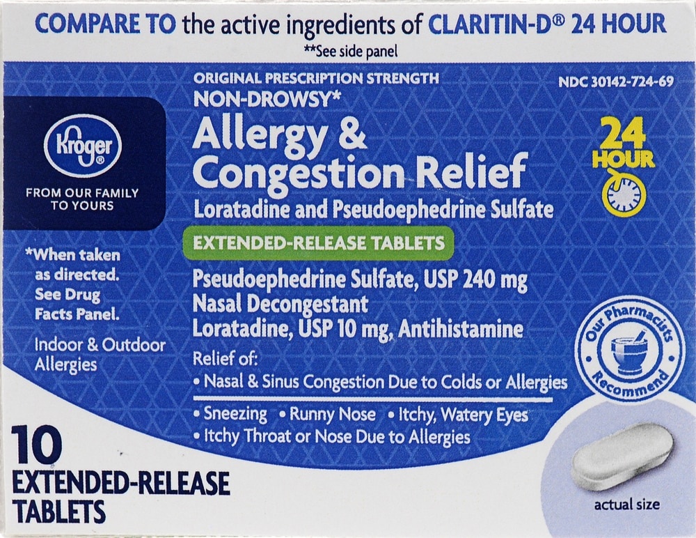 slide 1 of 1, Kroger 24 Hour Allergy And Congestion Relief Tablets, 10 ct