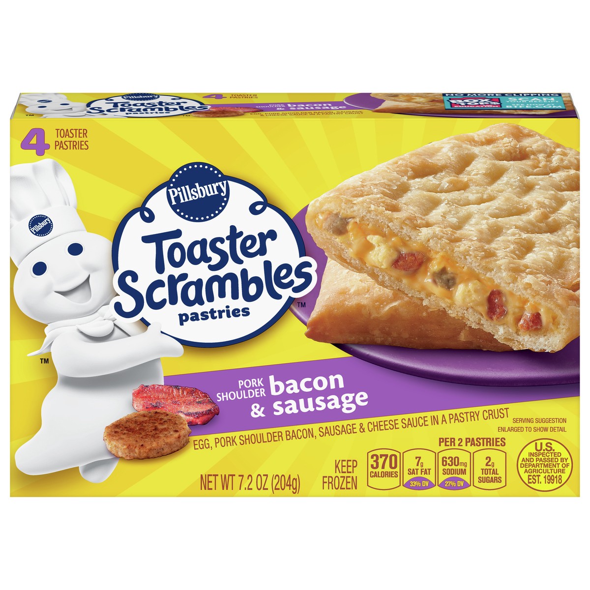 slide 1 of 1, Pillsbury Toaster Scrambles Bacon & Sausage Frozen Breakfast, 4 ct; 7.2 oz
