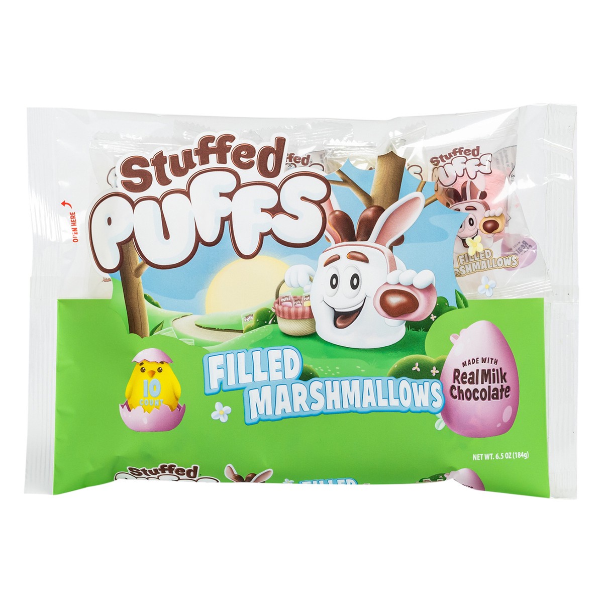 slide 7 of 11, Stuffed Puffs Egg Hunt Ready Classic Milk Chocolate Filled Marshmallows (10 ct Singles Pack), 15.88 oz