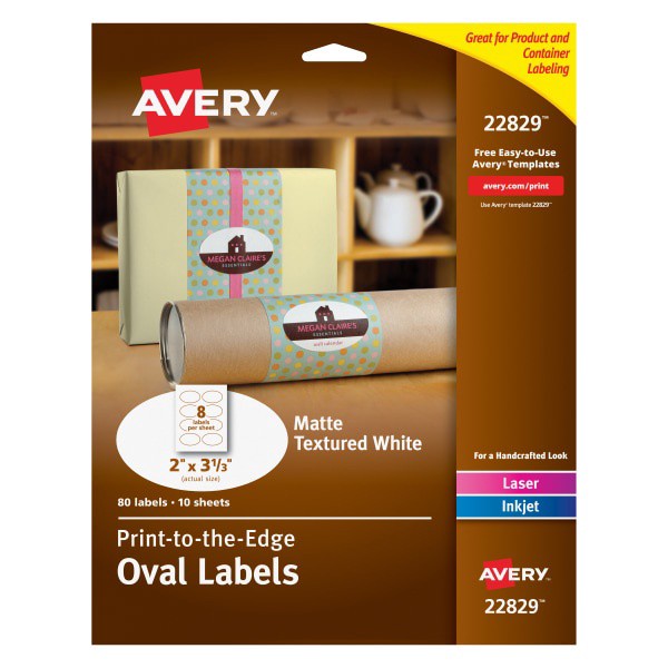 slide 1 of 7, Avery Easy Peel Print-To-The-Edge Permanent Inkjet/Laser Oval Labels, 22829, White, 80 ct; 2 in x 3 1/3 in