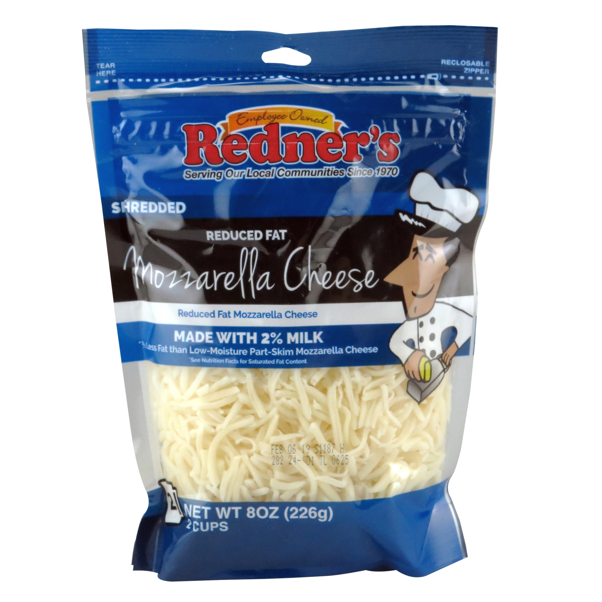 slide 1 of 1, Redner's Reduced Fat Mozzarella Shredded, 8 oz