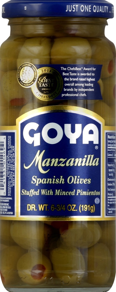 slide 1 of 2, Goya Manzanilla Stuffed With Minced Pimientos Spanish Olives, 6.75 oz