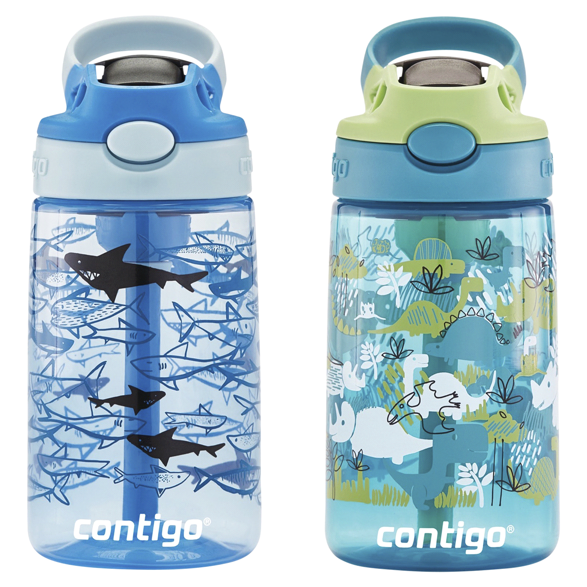 slide 1 of 21, Contigo Kids Water Bottle with Redesigned AUTOSPOUT Straw, Dinos & Sharks, 2 ct; 14 oz