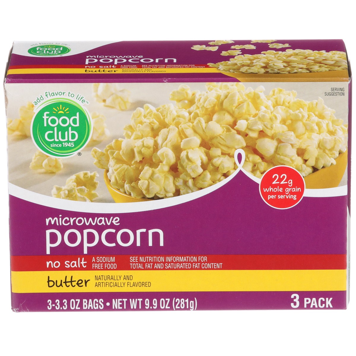 slide 1 of 9, Food Club Butter No Salt Microwave Popcorn, 9.9 oz